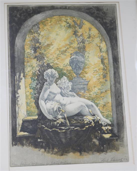 Aquatint, nude in an archway, signed, 34 x 24cm